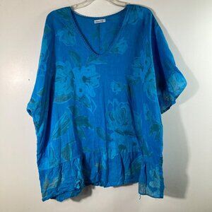 Womens Linen Floral Tunic Made in Italy Peplum Turquoise 3XL Flaw